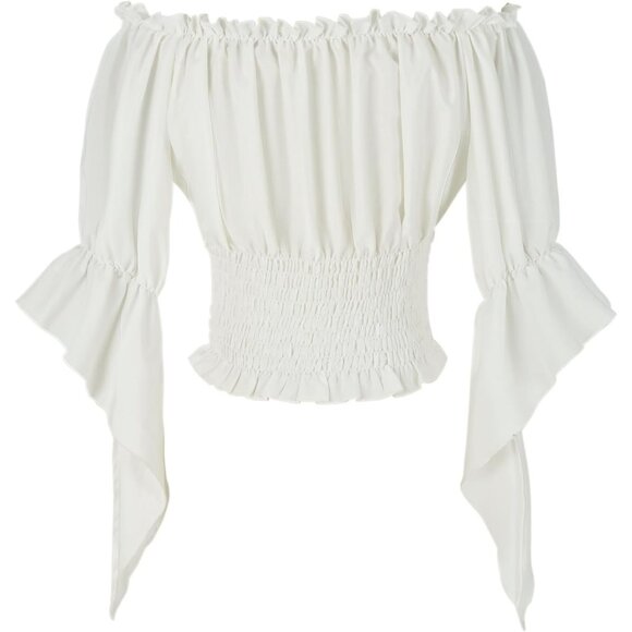 Womens Renaissance Peasant Blouse Off Shoulder Trumpet Sleeve Tops - Picture 3 of 5